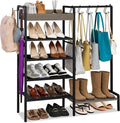 2-in-1 Shoe and Purse Rack, 5-Tier Shoe Rack with Wooden Tray & 7 Hooks, Industrial Metal Shoe Shelf with Removable Shelves f