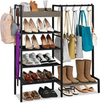 2-in-1 Shoe and Purse Rack, 5-Tier Shoe Rack with Wooden Tray & 7 Hooks, Industrial Metal Shoe Shelf with Removable Shelves f