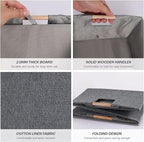 Fabric Storage Bin Box Foldable Cotton Linen Storage Basket with Wooden Handles Rectangular Cube Decorative Home Laundry Orga