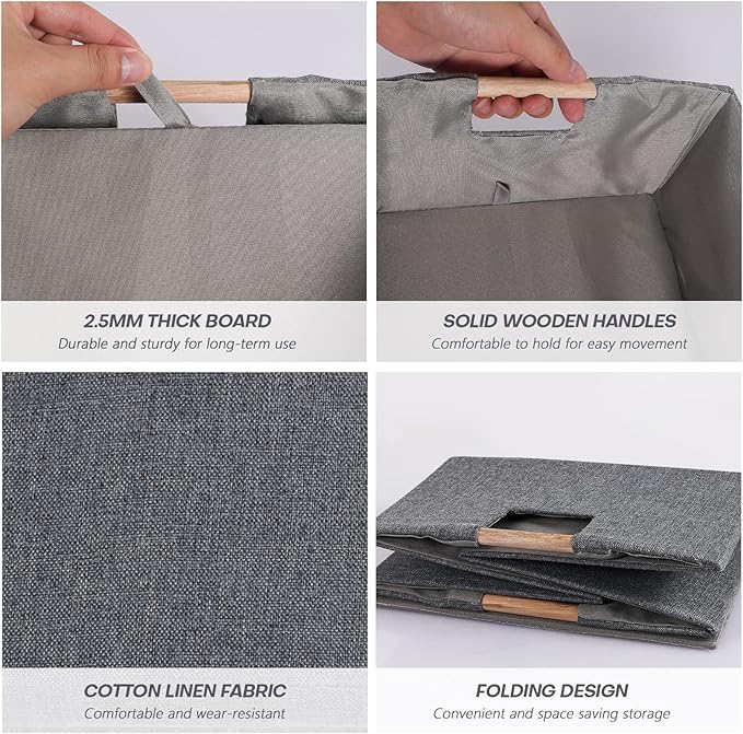 Fabric Storage Bin Box Foldable Cotton Linen Storage Basket with Wooden Handles Rectangular Cube Decorative Home Laundry Orga