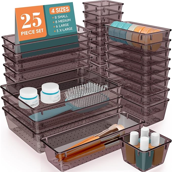 WOWBOX 25 PCS Plastic Drawer Organizer Set, 4 Sizes Desk Drawer Divider Organizers and Storage Bins for Makeup, Jewelry, Gadg