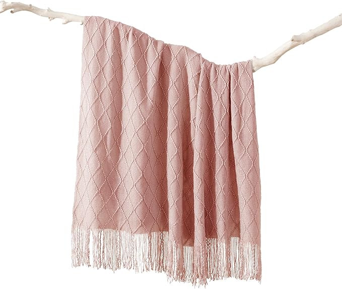 BATTILO HOME Blush Throw Blanket with Tassels, Pink Knit Blanket for Home Decor, Boho Style Textured Knitted Decorative Blank