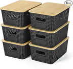 Ohmlove Plastic Storage Baskets With Bamboo Lid - Plastic Storage Containers Stackable Storage bins: Storage Baskets for Orga