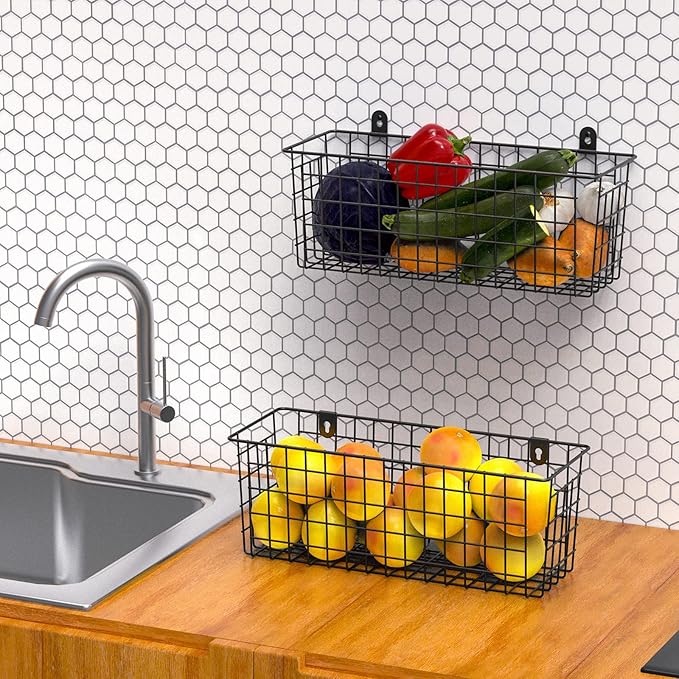 MaraFansie [Extra Large] Wire Basket 2-Pack Hanging Wall Organizer Cabinet Storage Basket Wall Mounted Shelves Rustic Farmhou