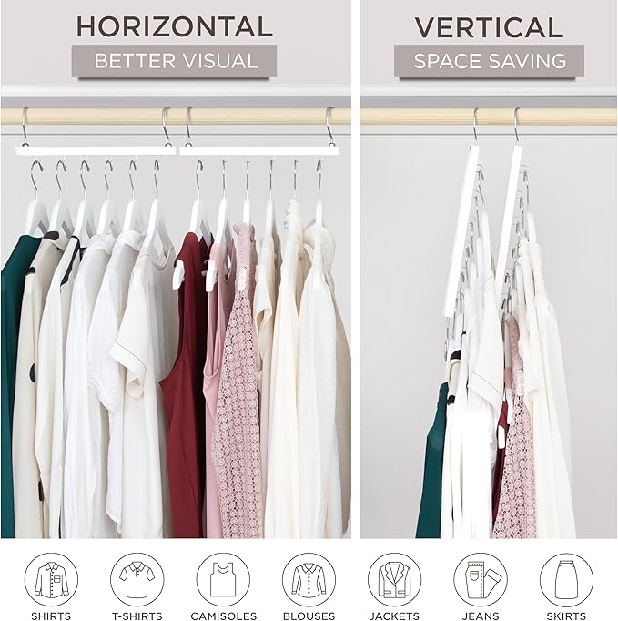 MORALVE Space Saving Hangers for Closet – 4 Pack European Beechwood 6-Tier Shirt Organizer with 360° Swivel Hook – Collapsibl