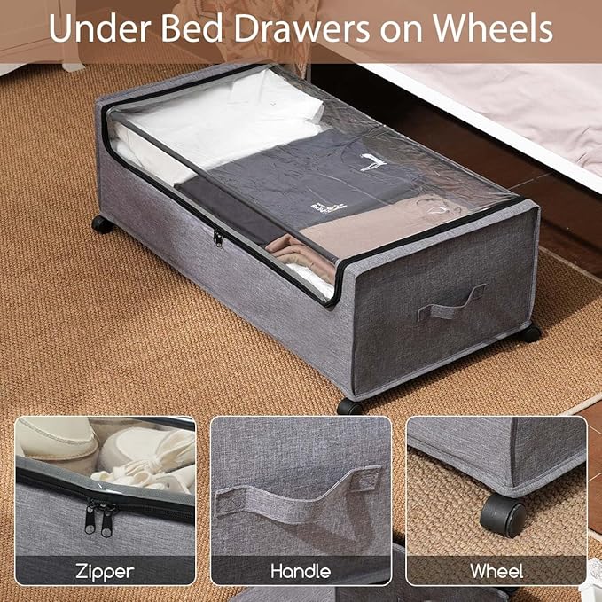 4-Packs Under Bed Storage with Wheels, Under The Bed Storage Drawers On Wheels, Rolling Underbed Drawers, Lockable, Heavy Dut
