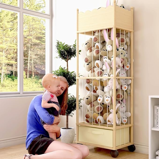 Wooden Stuffed Animal Storage Organizer with Wheels & Drawer – 3-Tier Plush Toy Zoo Holder for Kids Room, Nursery & Playroom 