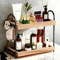 2-Tier Perfume & Makeup Organizer with 8 Jewelry Hooks, Eco-Coated Paulownia Wood Vanity Tray for Bathroom, Coffee Bar & Dres