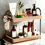 2-Tier Perfume & Makeup Organizer with 8 Jewelry Hooks, Eco-Coated Paulownia Wood Vanity Tray for Bathroom, Coffee Bar & Dres