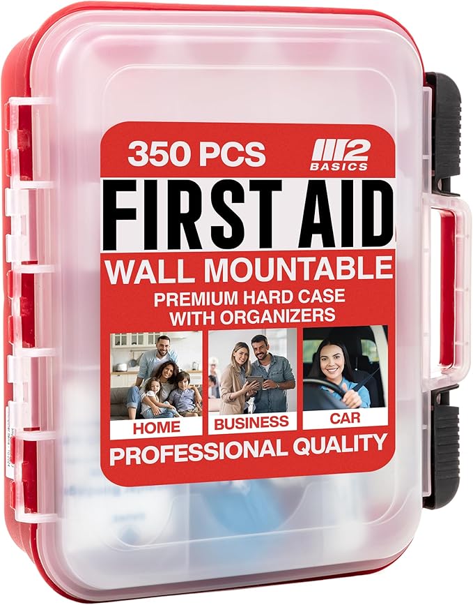 M2 BASICS Professional 350 Piece First Aid Kit, Wall Mountable Dual Layer Hard Case for Business, Home, Car, Vehicle & Work