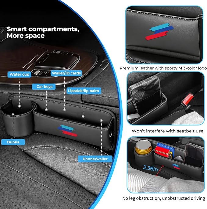 2 PCS Car Seat Gap Filler Organizer, Thickened Anti-Slip Leather Car Seat Crevice Storage Box with Cup Holder for BMW X3 X5 X7 X1 X6 X4 X1 X2 3 4 5 7 1 2 Accessories, with Sporty M 3-color logo