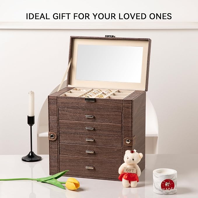 Frebeauty Large Jewelry Box,6-Tier PU Leather Jewelry Organizer,Multi-functional Storage Case with Mirror,Accessories Holder 