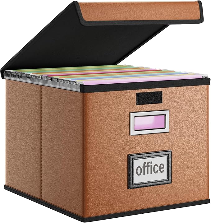 Huolewa Faux Leather File Organizer Box with Lid, Collapsible Hanging File Folder Box Organizer with Plastic Slides, Decorati
