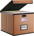 Huolewa Faux Leather File Organizer Box with Lid, Collapsible Hanging File Folder Box Organizer with Plastic Slides, Decorati