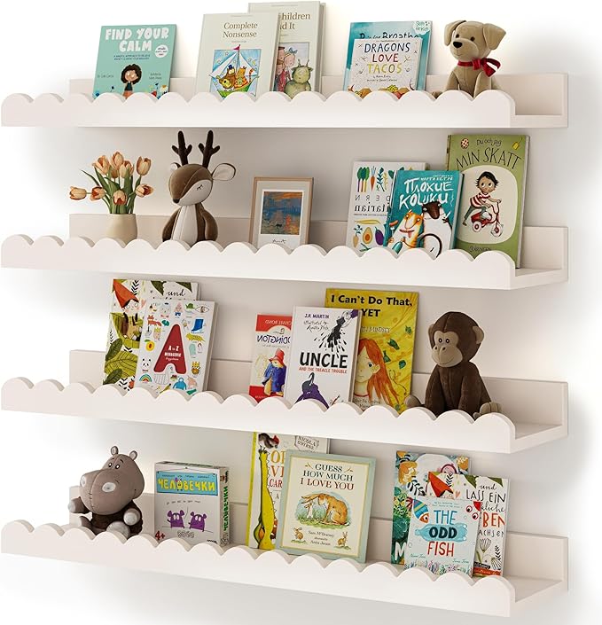 Shario Nursery Book Shelves, 4-Pack White Floating Shelves for Wall Kids, Scalloped Shelves, Wall Book Shelves for Bedroom Ki