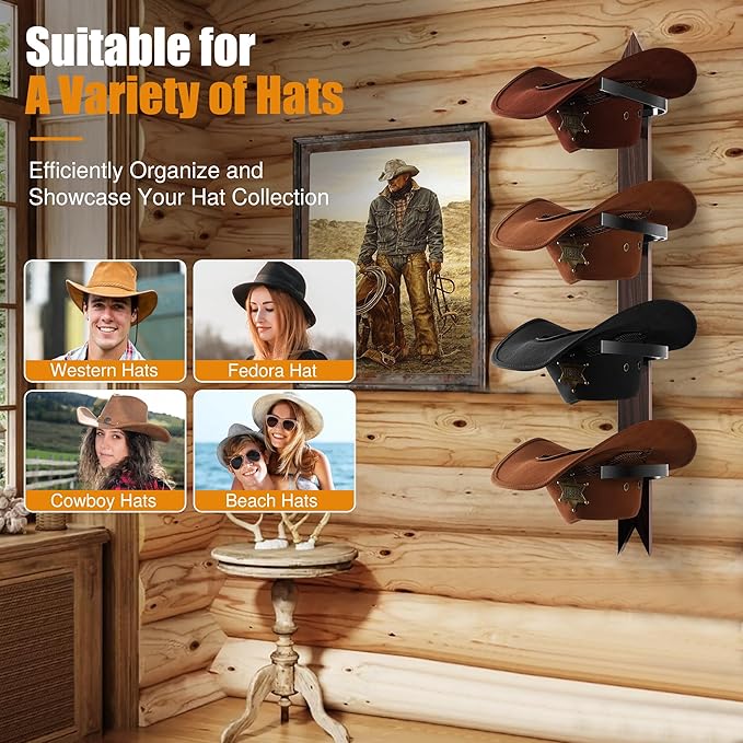 Cinati Cowboy Hat Rack, Cowboy Hat Holder Wall Mount Holds up to 4 Hats, Wooden Western Rustic Metal Cowboy Hat Hanger with A