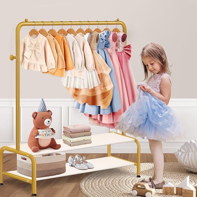 Kids Gold Clothing Rack - Dress Up Clothes Rack - Baby Toddler Closet - Freestanding Coat Racks with 2 Fabric Shelves - Small