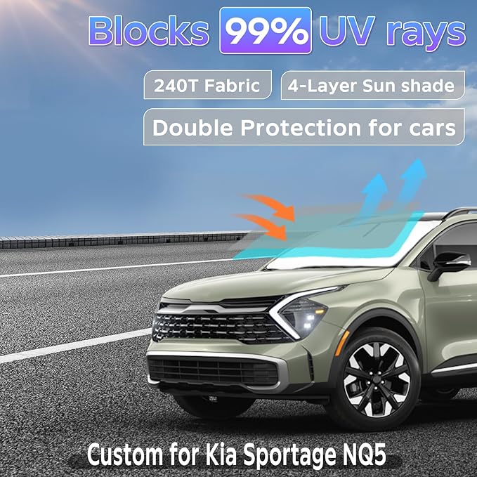 Sun Shade Sunshade for Kia Sportage NQ5 2022-2024 2025 2026 Windshield Cover, 4-Layers Sun Shield 250T Silver Coating Sun Visor Foldable Window Shade Blocks UV Rays Car Accessories