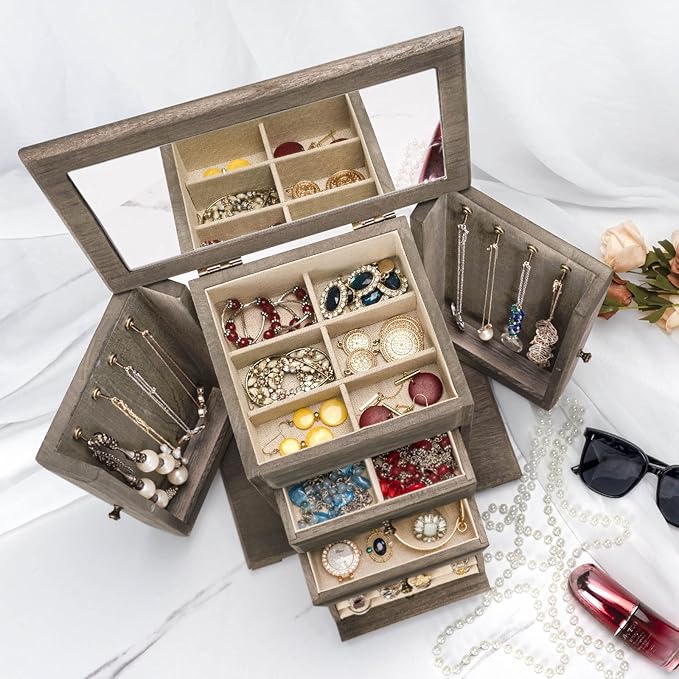 Emfogo Jewelry Box for Women, Rustic Wooden Jewelry Boxes & Organizers with Mirror, 4 Layer Jewelry Organizer Box Display for