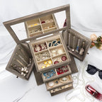 Emfogo Jewelry Box for Women, Rustic Wooden Jewelry Boxes & Organizers with Mirror, 4 Layer Jewelry Organizer Box Display for