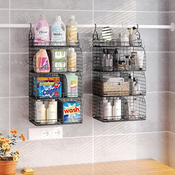 HapiRm Hanging Closet Organizer Storage - 4 Tier Metal Stackable Hanging Closet Shelves with Dividers and S Hooks, Foldable C
