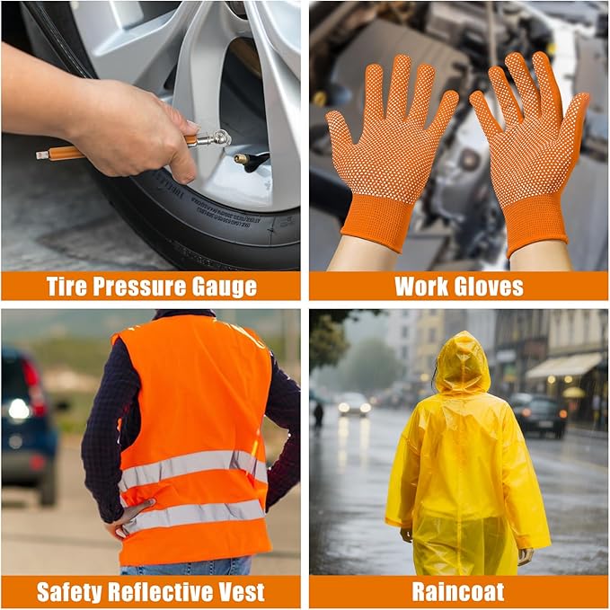 AUTODECO Car Roadside Emergency Kit, Car Safety Kit Portable Car Kits for Emergency with Jumper Cable, Safety Hammer, Orange