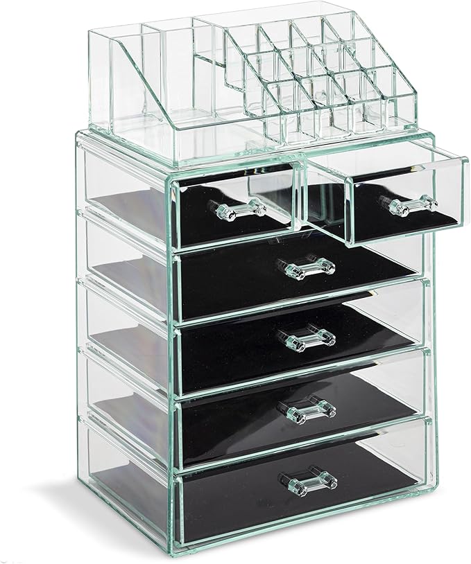 Sorbus Acrylic Makeup Organizer Set, 6-Drawer Vanity & Countertop Cosmetic Storage with Small & Wide Compartments, Teal Thril