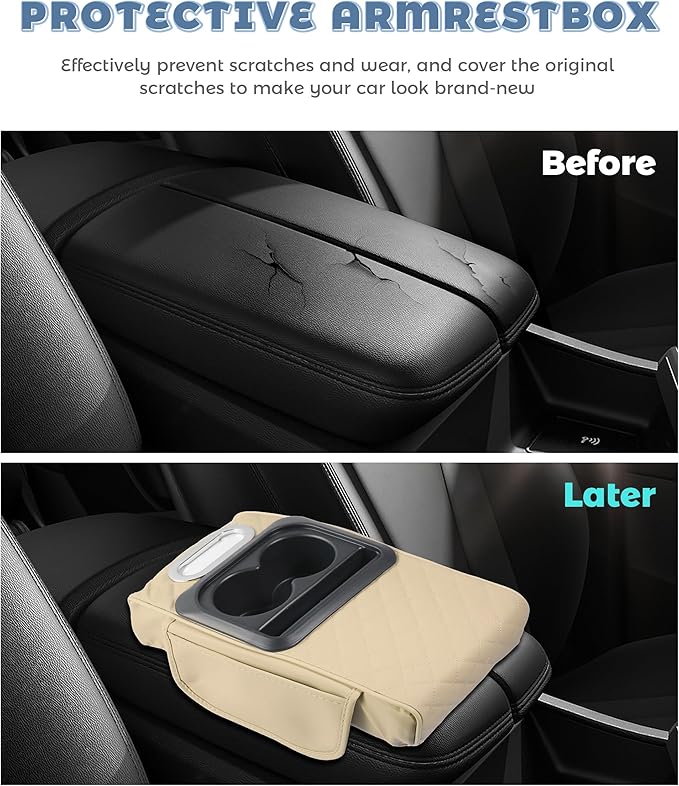 Car Armrest Storage Box,Car Accessories Console Organizers and Storage,Universal Waterproof Leather Console Cover with Cup Holder and Phone Holder,Suitable for Most Cars (Embroidered, Beige)