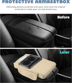 Car Armrest Storage Box,Car Accessories Console Organizers and Storage,Universal Waterproof Leather Console Cover with Cup Holder and Phone Holder,Suitable for Most Cars (Embroidered, Beige)