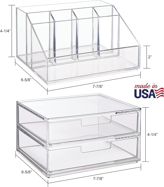 STORi Chloe Stackable Makeup Holder & Drawer Organizer Set, Clear, BPA-Free Plastic, Made in USA, Organize Brushes, Cosmetics