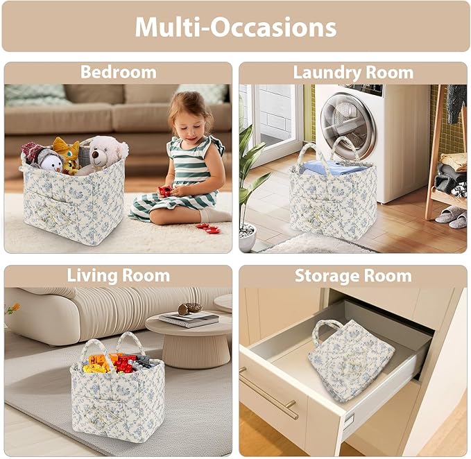 Storage Basket Boho Fabric Large Collapsible Floral Laundry Nursery Hamper Portable Folding Storage for Clothes Toys (Vine-Bl