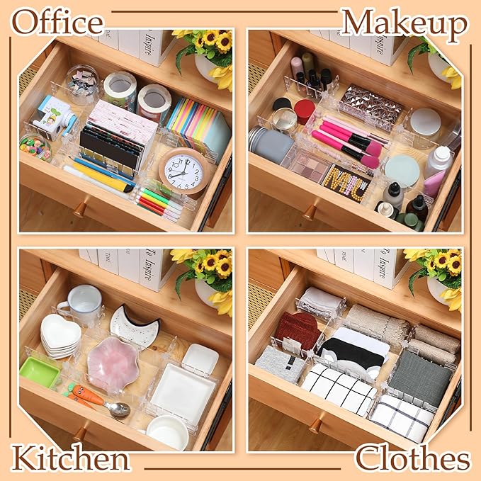 45 Pcs Adjustable Clear Drawer Dividers with Fixed Buckle DIY Plastic Drawer Organizer Box Dividers Back to School Gift for S
