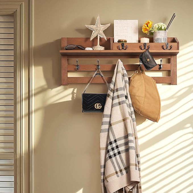 Coat Rack Wall Mount with Shelf - Wooden Entryway Organizer for Hanging Coats, Keys, Hangers - Space Saving Durable Wood Hold