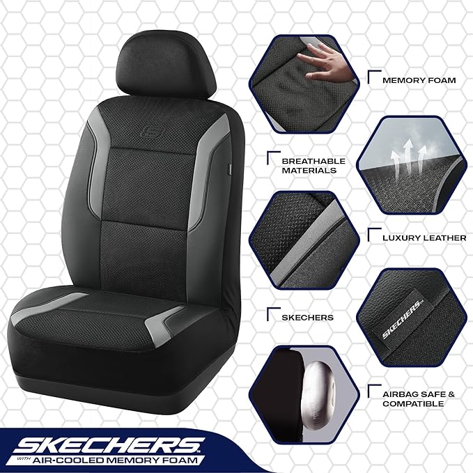 Skechers Memory Foam Car Seat Covers, Air Cool Mesh Thick Seat Covers, Car Seat Full Sets, Airbag Compatible, Automotive Comf