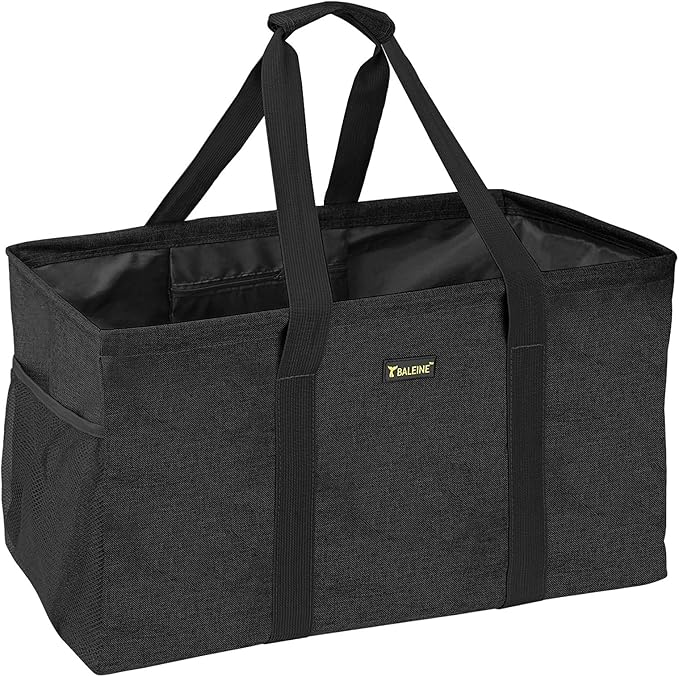 BALEINE Extra Large Utility Tote Bag with Reinforced Wire Frame, Reusable Grocery Bag for Shopping, Picnic (Black, 22''x12''x10'')