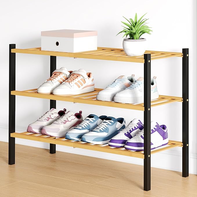 Smiry Bamboo Shoe Rack for Closet, 3 Tier Wooden Stackable Shoe Organizer, Free Standing Shoes Storage Shelf for Entryway, Fr