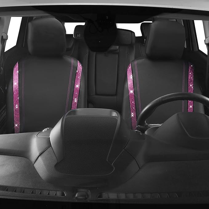 CAR PASS Leather Bling Diamond Car Seat Covers 2 Front Interior Sets, Waterproof Universal Shining Glitter Crystal Sparkle Fit for Automotive Truck SUV Cute Women Girl, Black Pink Rhinestones