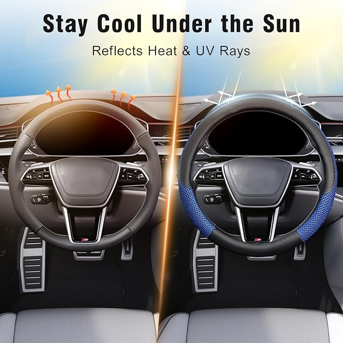 KAFEEK Steering Wheel Cover, Universal 15 inch, Microfiber Leather Viscose, Breathable, Anti-Slip,Warm in Winter and Cool in 