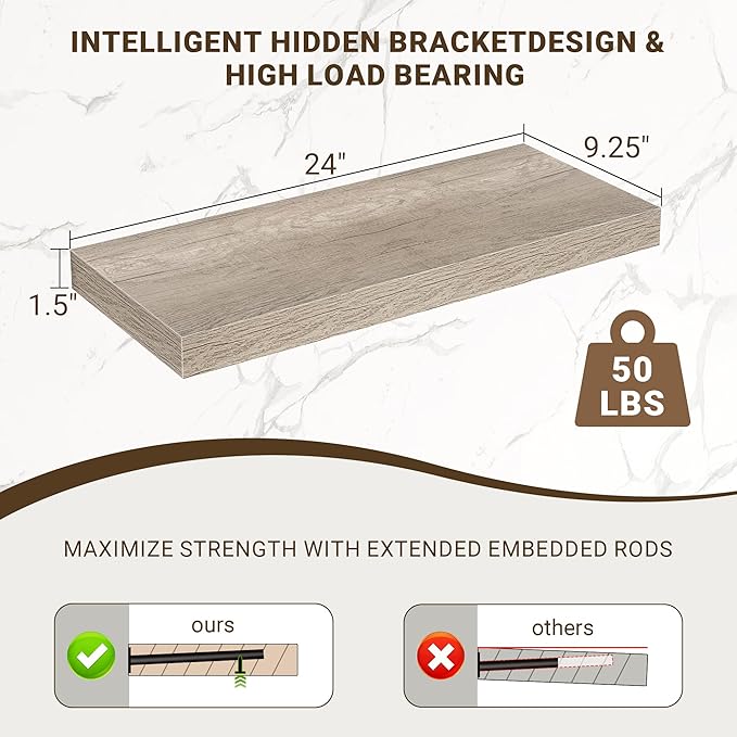 24 Inch Floating Shelves, 3D Textured Wood Grain, 24"x9.25"x1.5" Inch Deep Floating Shelves for Wall, Wooden Shelves for Bath