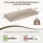 24 Inch Floating Shelves, 3D Textured Wood Grain, 24"x9.25"x1.5" Inch Deep Floating Shelves for Wall, Wooden Shelves for Bath