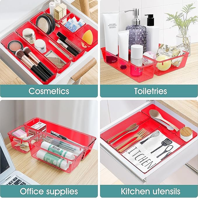 WOWBOX 25 PCS Plastic Drawer Organizer Set, 4 Sizes Desk Drawer Divider Organizers and Storage Bins for Makeup, Jewelry, Gadg