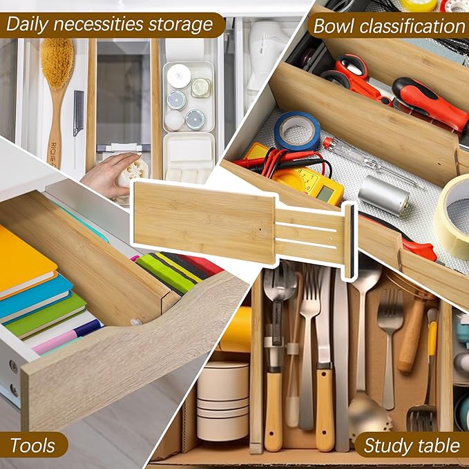 8 Pcs Deep Bamboo Drawer Dividers, Deep Kitchen Dresser Drawer Organizer with Spring Loaded for Clothes, Adjustable Expandabl