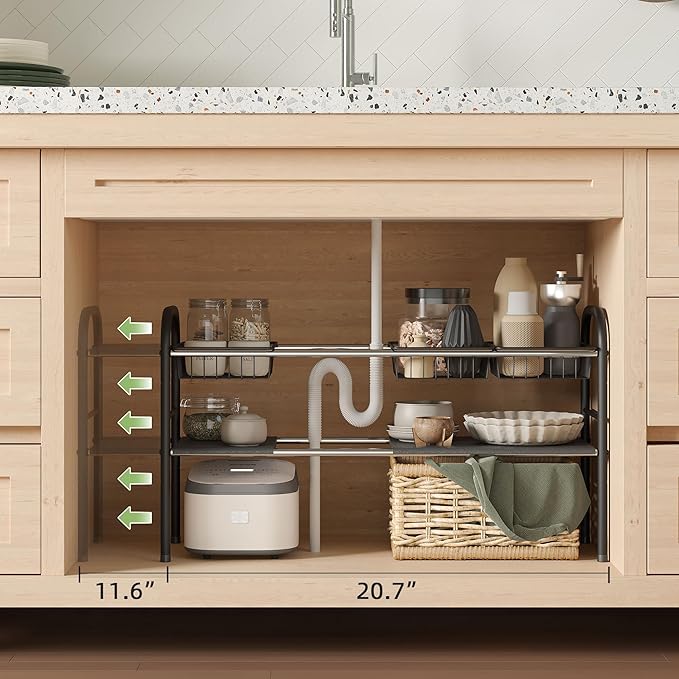 NETEL Under Sink Organizers and Storage, 2 Tier Expandable Under Cabinet Organizer Shelf with 4 Baskets and 4 Panels, Expanda