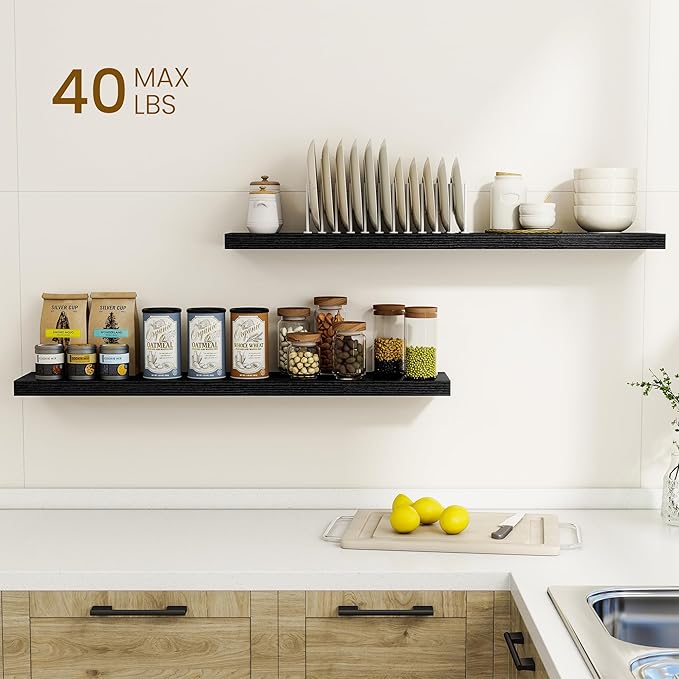 Dreamland 40Inch Floating Shelves for Wall, Rustic Wooden Black Floating Shelves for Living Room, Kitchen, Farmhouse, Deep Wa