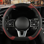 Microfiber Leather D Shaped Steering Wheel Cover, Breathable, Anti Slip, Universal 15 inch, Black with Burgundy