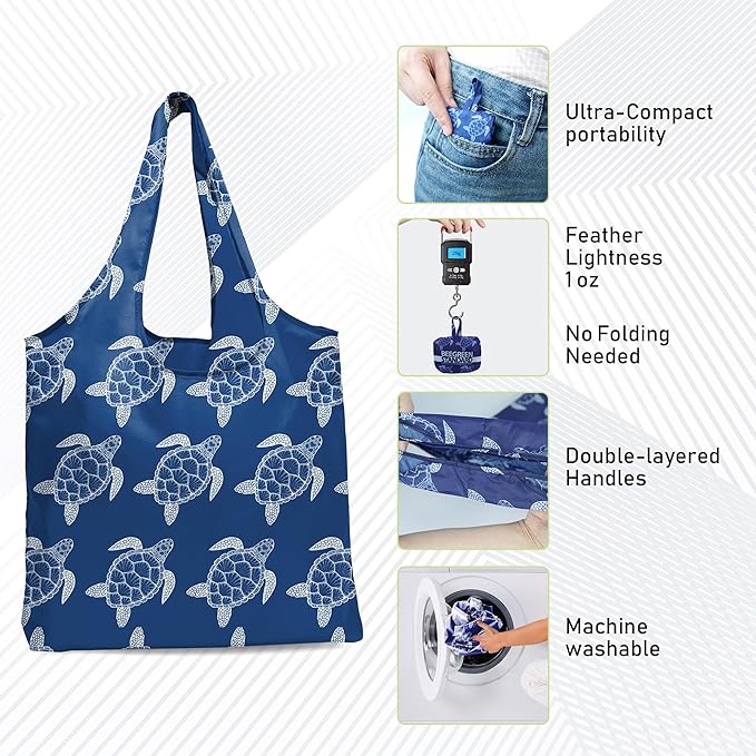 BeeGreen Reusable Grocery Shopping Bag -Travel Tote Bag - Foldable Compact Sturdy Bags