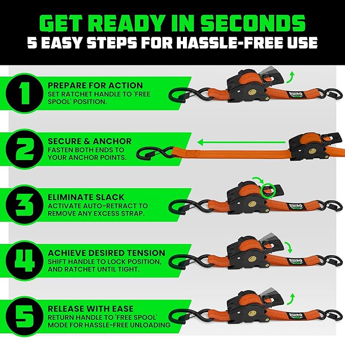 Rhino USA Retractable Ratchet Straps (4-Pack) - 1 Inch x 10 Feet (1,209lb Break Strength) - Auto Self Retracting Tie Down Straps for Truck, Cargo Trailer, Motorcycle, ATV, UTV - Orange