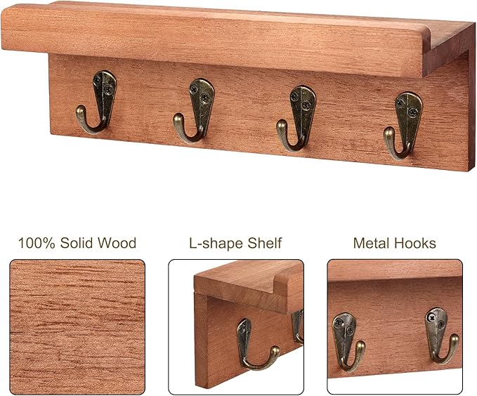 HRONRAD Rustic Key Holder for Wall, Farmhouse Wall Shelf with 4 Hooks, Wall Mounted Key Racks, Wooden Mail Organizer with Hoo