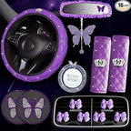 Dotesy 16 Pcs Bling Car Steering Wheel Cover Set with Crystal Seatbelt Shoulder Pads Diamond Butterfly Car Accessories for Women (Purple)