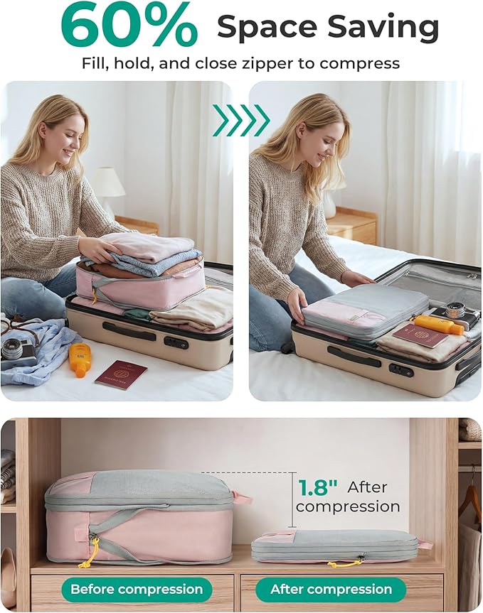 BAGSMART 6 Set /4 Set/2 Set Compression Packing Cubes for Travel, Lightweight Luggage Organizer Bags, Durable Space Saver Bag
